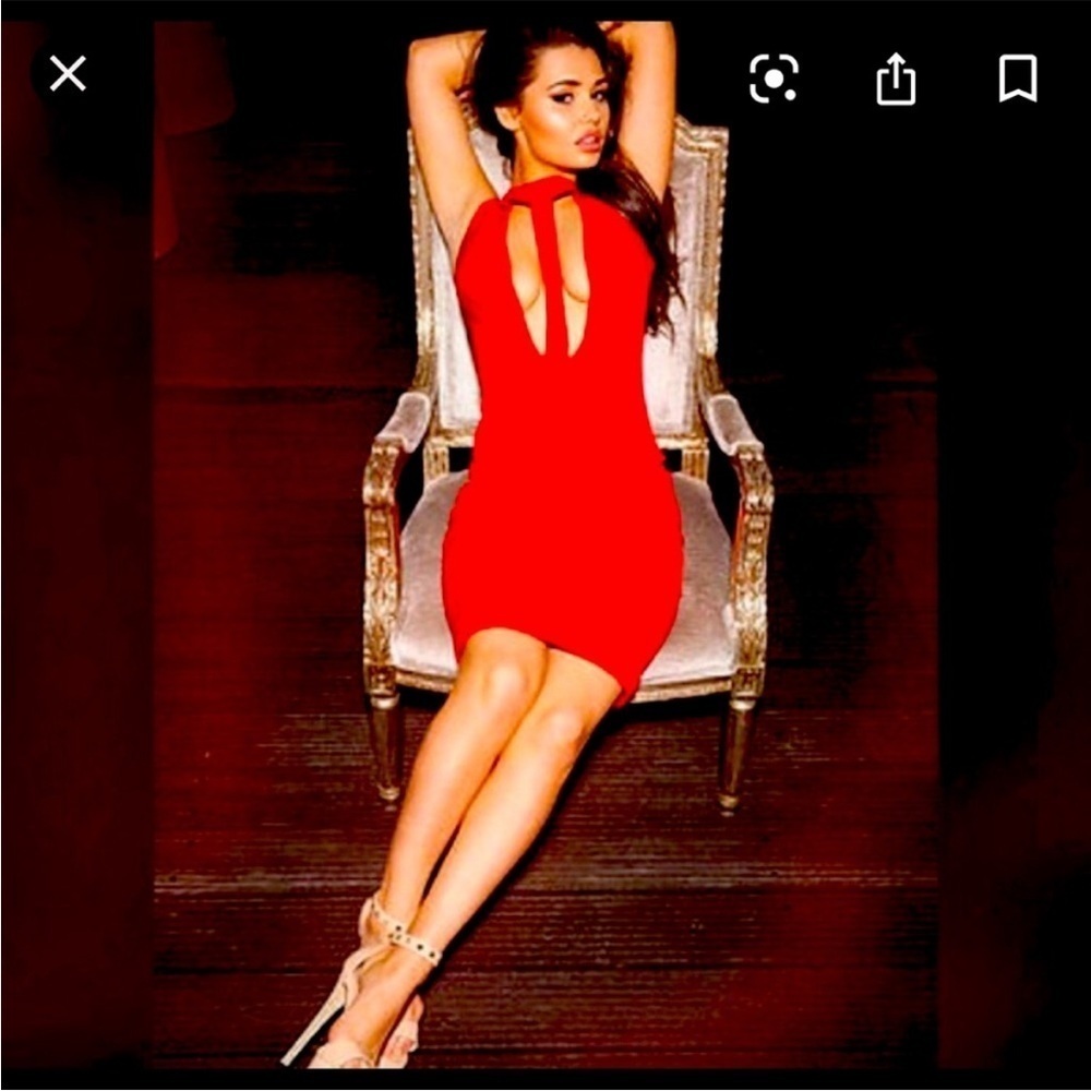 Celeb Boutique‎ House of CB Red Deep V Cutout Bodycon Midi Dress Small NWT